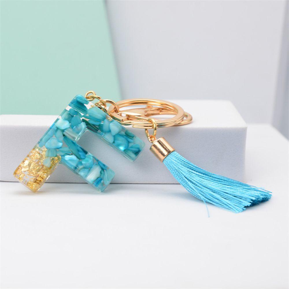 NEEDWAY 26huruf Gantungan Kunci Resin Fashion Biru Rumbai Liontin Ornamen Perhiasan Kristal Alfabet Key Chain