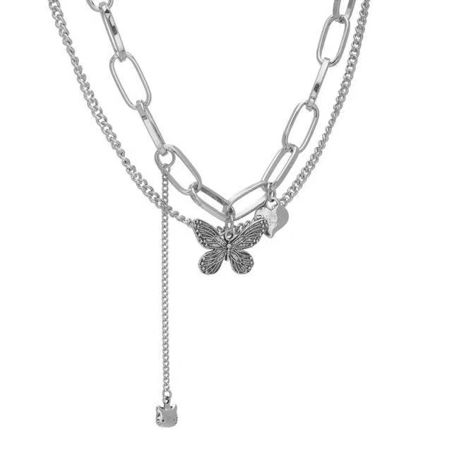 IFYOU Kalung Rantai Desain Double Heart Butterfly Warna Silver Gaya Korea Untuk Wanita