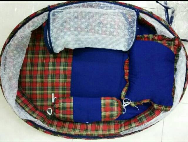 Kasur bayi set kelambu bantal guling oval merah