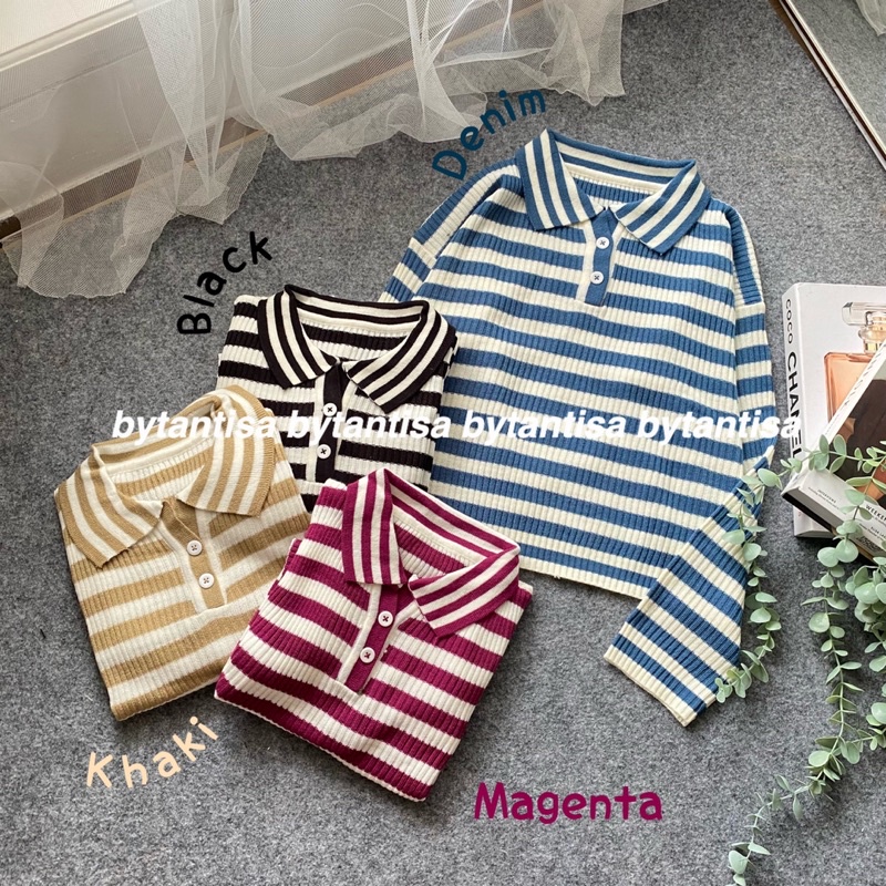 ATASAN RAJUT POLO CROP GARIS KANCING HIDUP BERKERAH