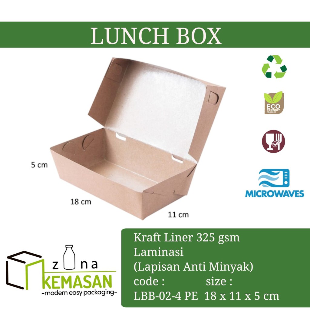 

KEMASAN LUNCH BOX DUS KARDUS KOTAK MAKANAN NASI ROTI (L) 18x11x5 cm KRAFT 325 gsm LAMINASI