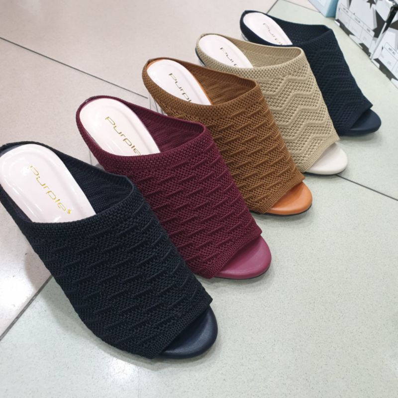 Sandal sepatu selop high heels kaca rajut purple 7cm