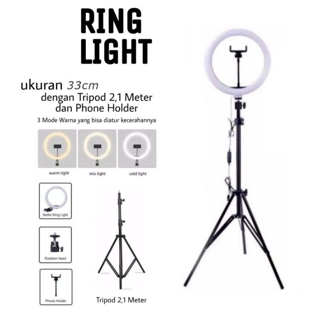 Paket Lengkap Ring Light +Tripod 2.1m Tripod HP RingLight Stand phone holder RGB ring light 26cm/33cm