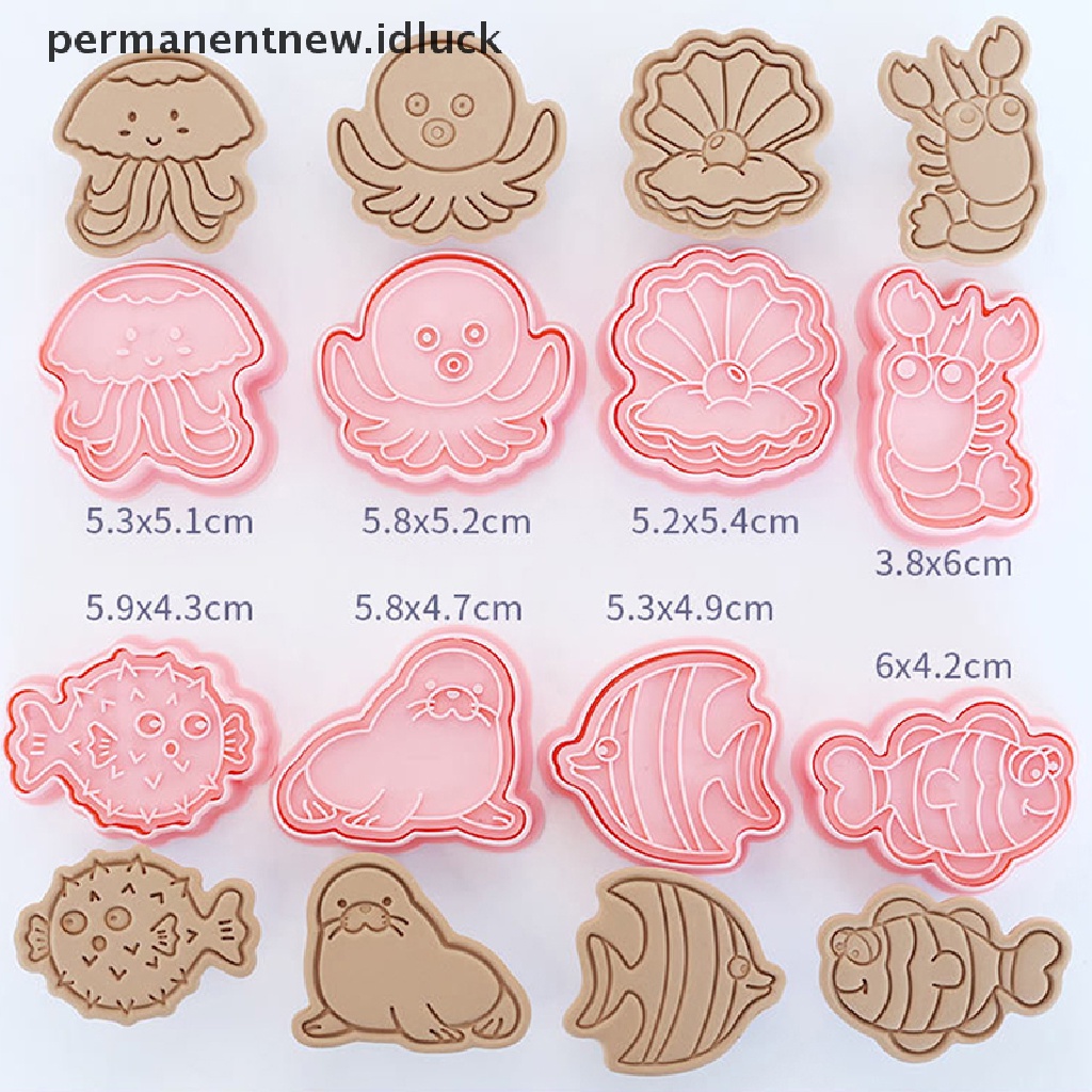 8pcs / Set Cetakan Pemotong Kue / Biskuit Bentuk Kartun Hewan Laut 3D Model Tekan Untuk Dapur