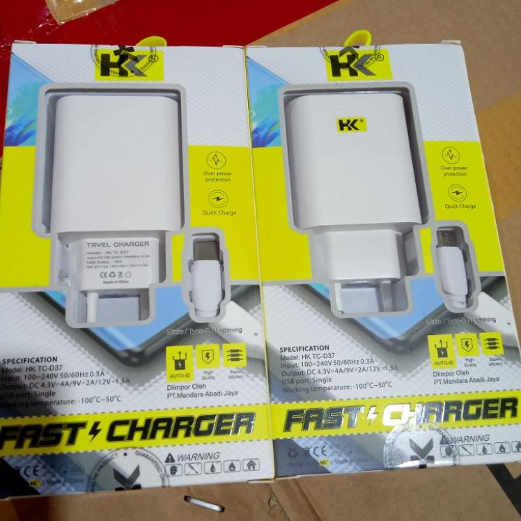 Harga TERMURAAH.. charger hkD37 HK D37 18W 1 usb batok + kabel micro usb type C casan original hk ca