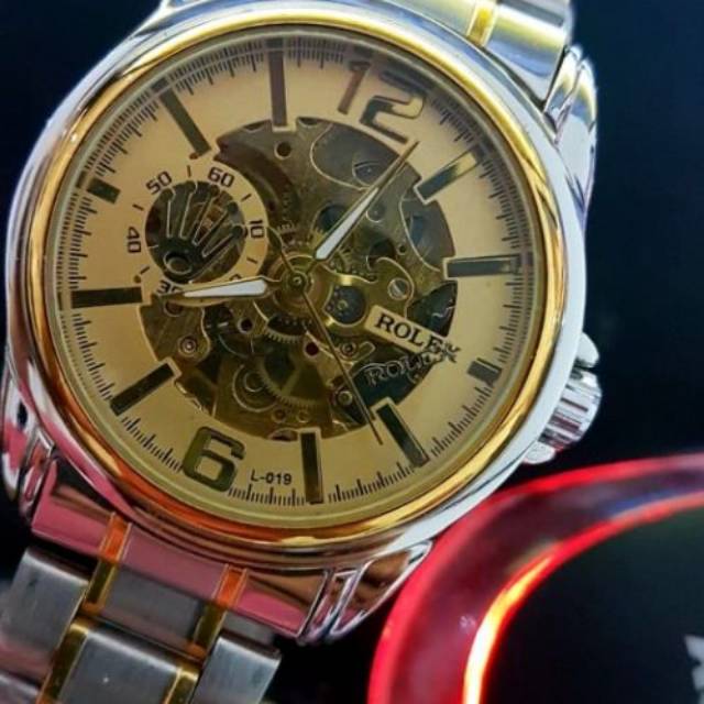 Jam tangan Pria Rolex skeleton Otomatis kombinasi chain tanpa Baterai