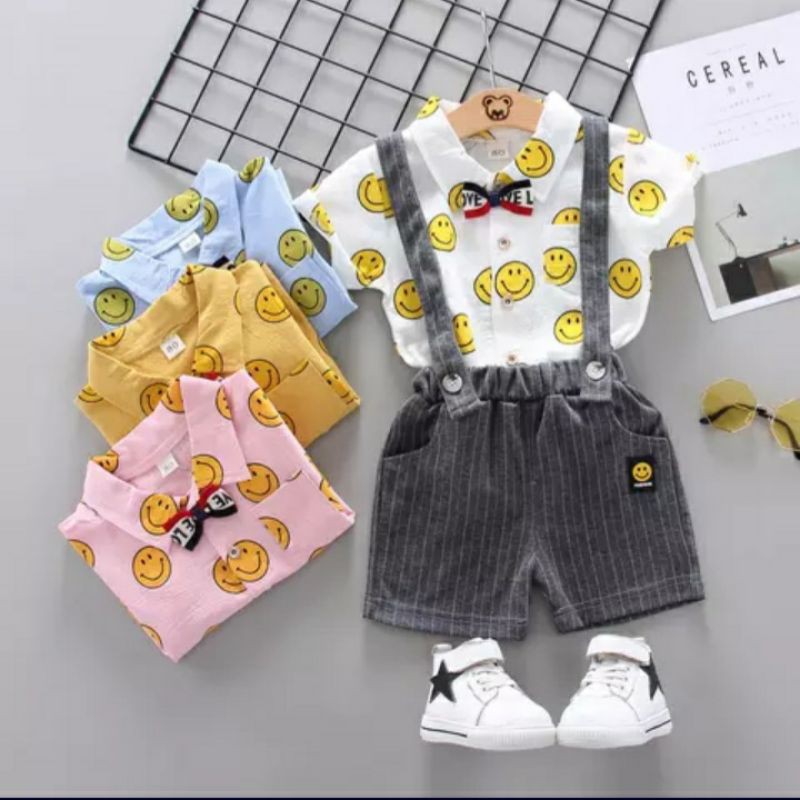 SETELAN KEMEJA ANAK LAKI LAK USIA 6 BULAN - 4 TAHUN / KEMEJA DAN CELANA ANAK LAKI LAKI MOTIF SMILE /