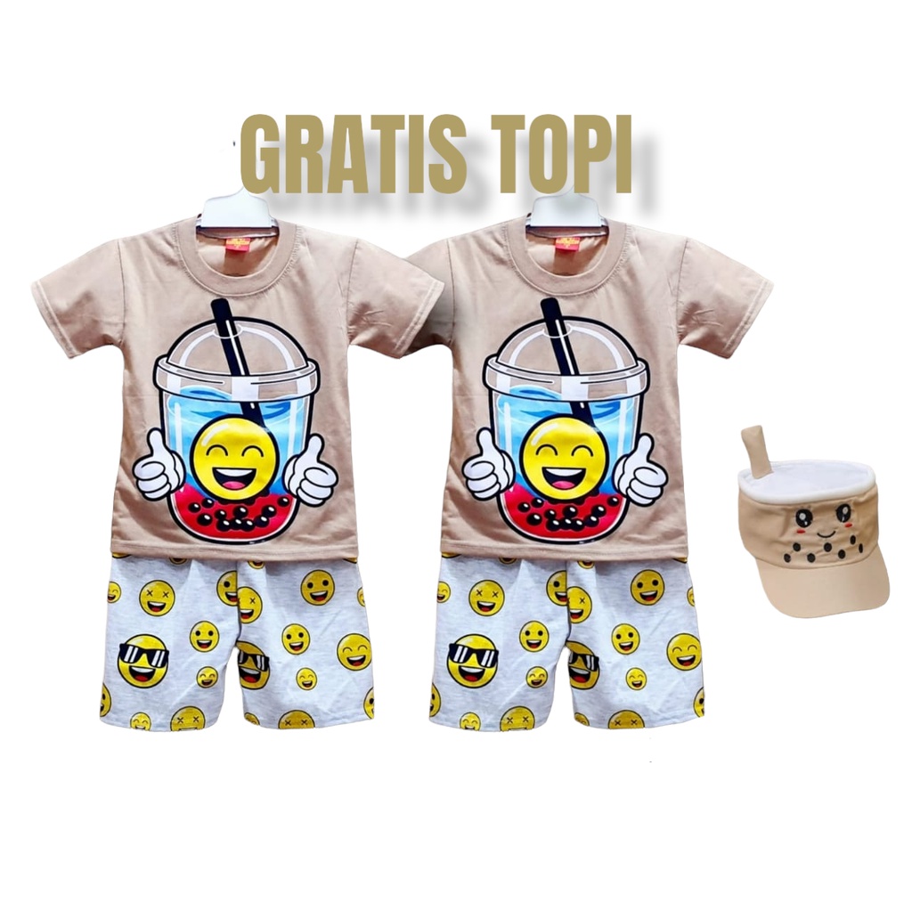 SETELAN BAJU ANAK BOBA COKLATE DAPAT TOPI 1 SET / SETELAN ANAK LENGAN PENDEK BOBA