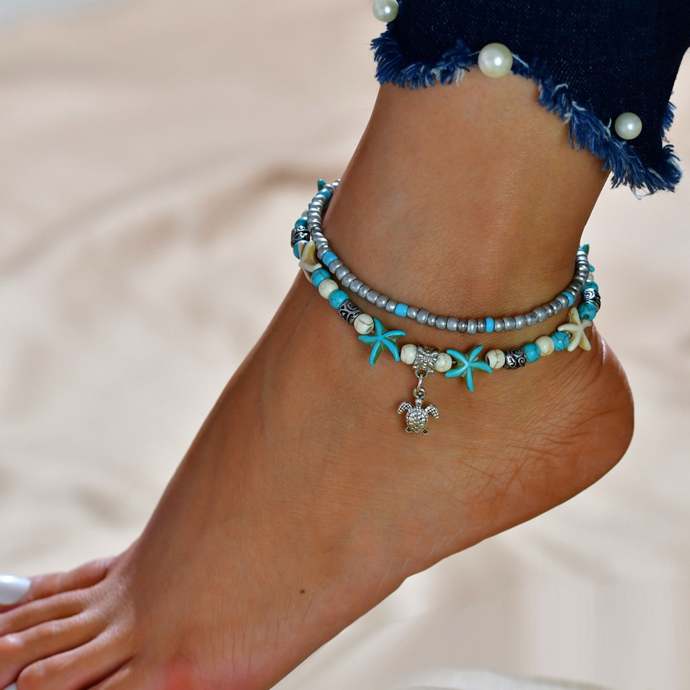 Eropa dan Amerika bead Anklet Ocean style bintang laut pirus turtle liontin double-layer beach Ankle