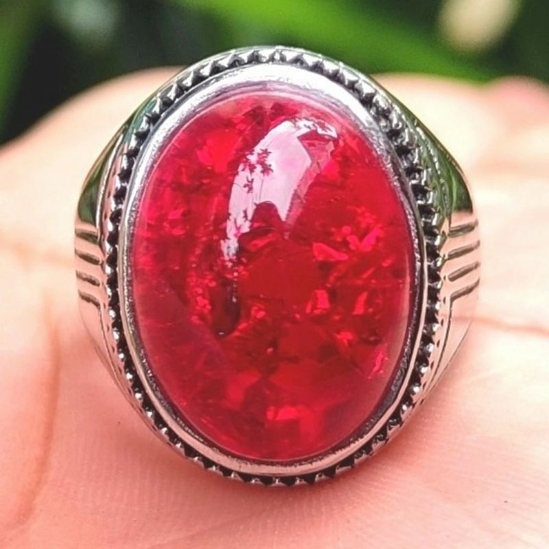 Cincin Titanium Batu Akik Pecah Seribu Merah Siam Siem Top Crystal - 7
