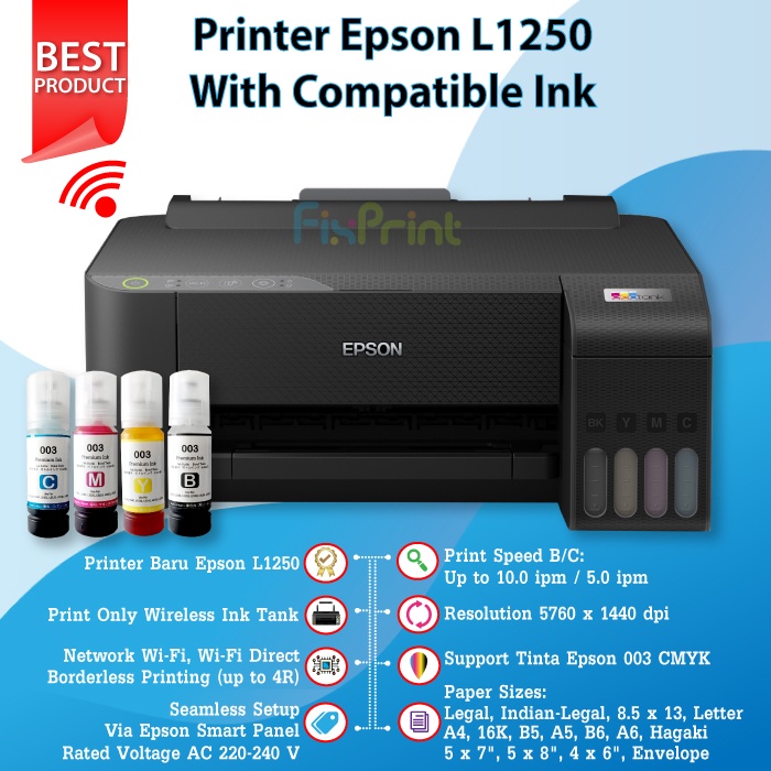 Printer Epson L1250 / L1256 Print Only Wireless WiFi Direct Kondisi Baru Tinta Anti Tumpah