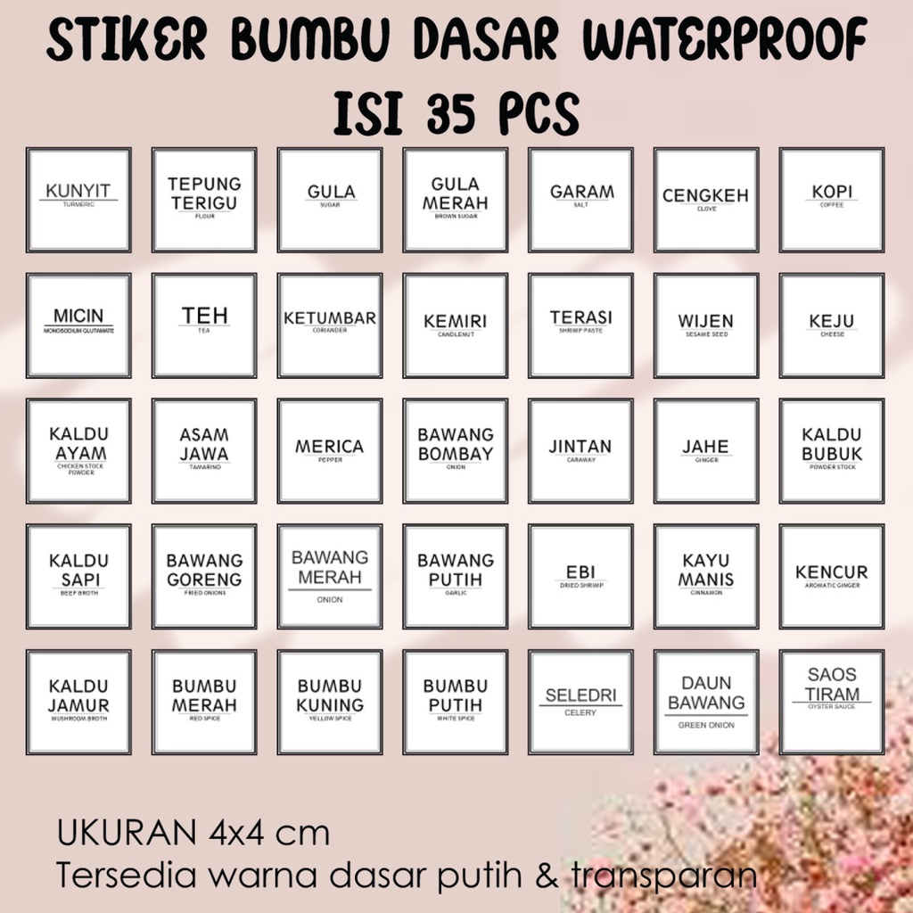 

4x4 cm STIKER BUMBU 1 SET PAKET WATERPROOF / TRANSPARAN
