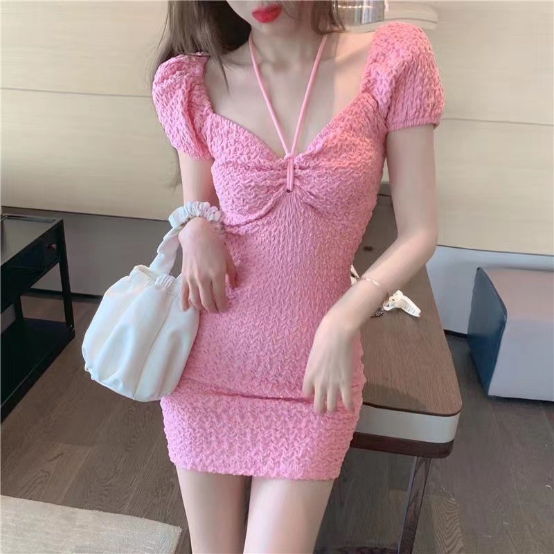 MD16/279 Korean sexy mini dress bodycon lengan pensek v neck sabrina neck / cute sexy gaun pendek pas body