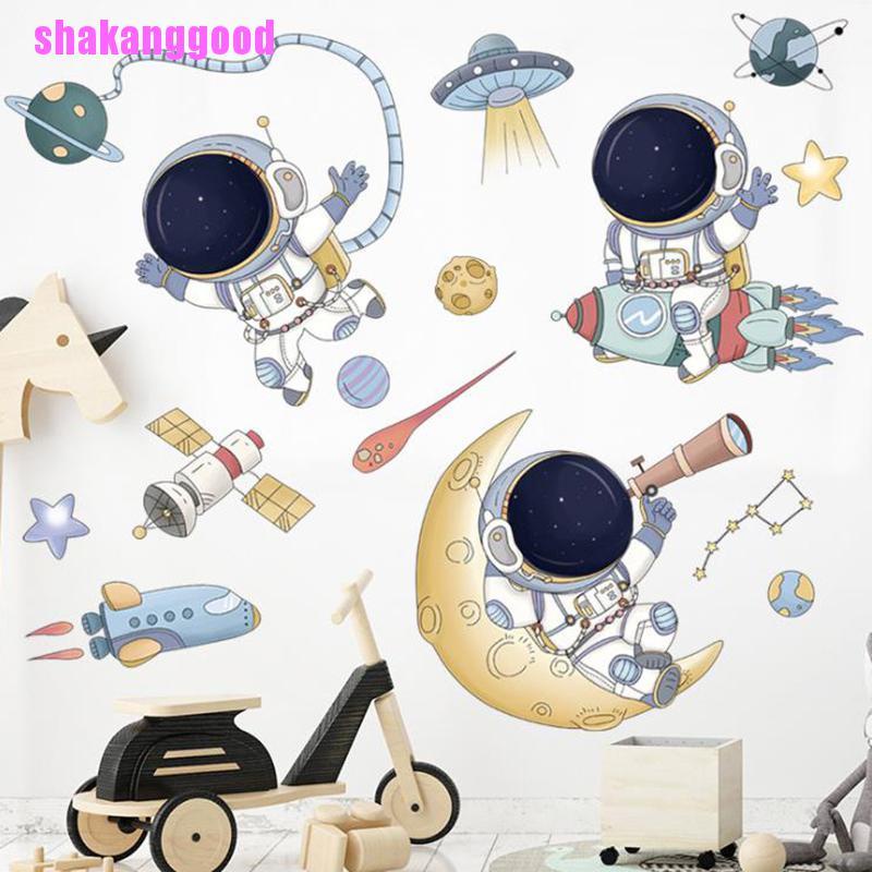 Stiker Dinding Desain Kartun Astronot Luar Angkasa Dapat Dilepas Untuk Dekorasi Kamar Anak