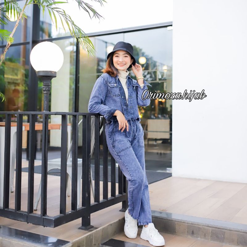 Julizar Set Setelan Baju Wanita Jaket dan Celana Jeans Setelan Outfit Kekinian Casual OOTD