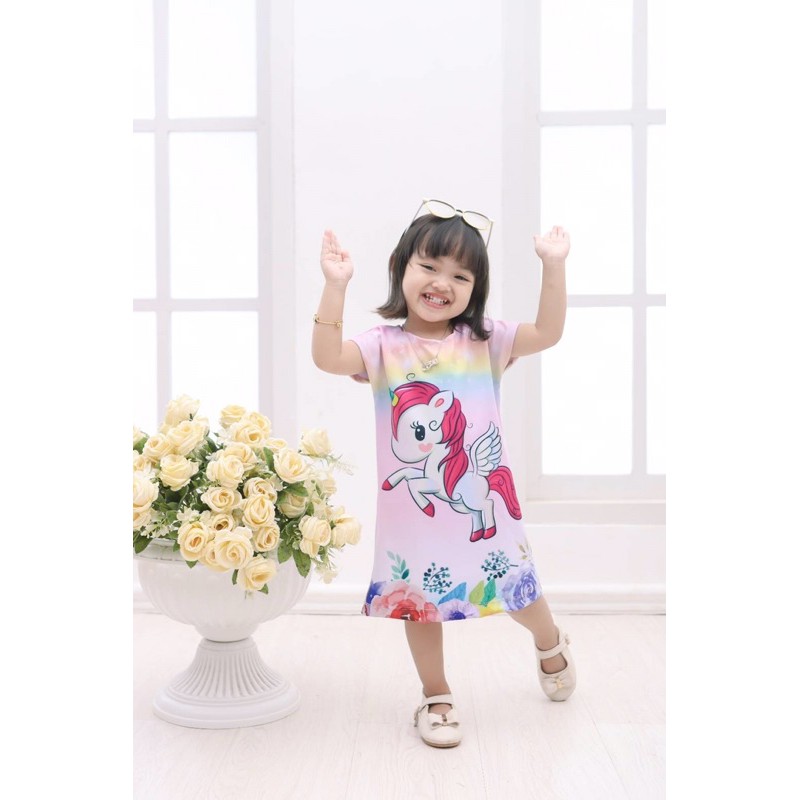 DRESS UNICORN, DRESS SCUBA PRINTING, HOMEDRESS,BAJU ANAK CEWEK,BAJU ANAK LUCU