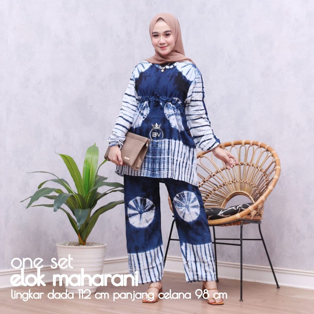 Elok Maharani Set - One Set Wanita Rayon Premium Setelan Wanita Batik Lengan Panjang Set Celana Kekinian LD 110 cm