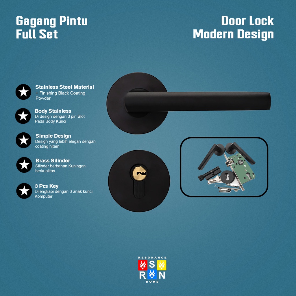 Door Lock Handle Black Straight Full Set / Gagang Pintu Gaya Eropa Resonance Home