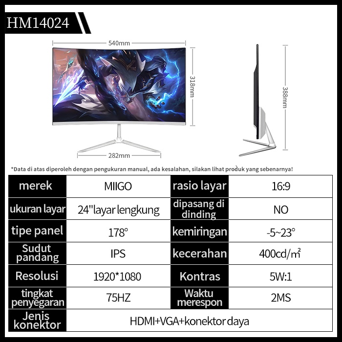 MIIGO Monitor komputer dengan resolusi tinggi lengkung ultra-tipis 24 inch-1