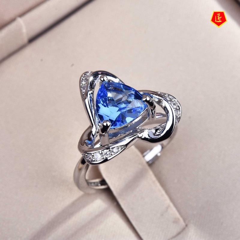 [Ready Stock]Creative Flower Triangle Natural Blue Topaz Ring