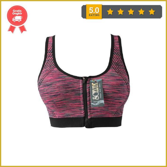 Atasan Bra Sport Wanita Resleting Depan Sexy Murah Bagus At Sc 1054 - M, Merah Muda Premium