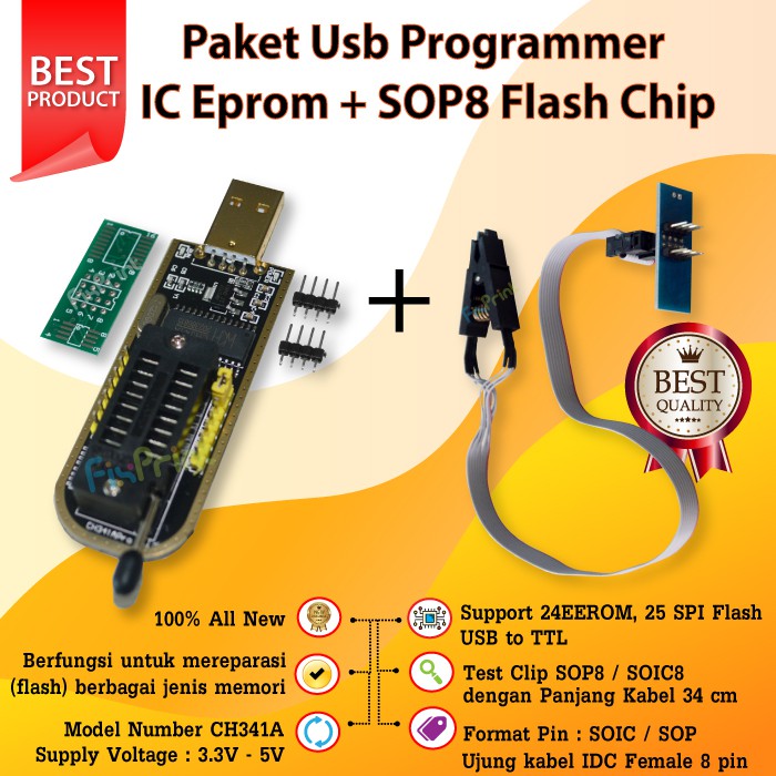 Satu Paket USB Programmer IC Eprom CH341A Module Flash + SOP8 Flash Chip USB EEPROM Writer 25 SPI