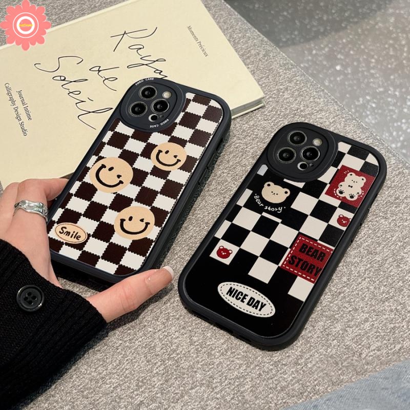 Lovely Bear Smiley Case Redmi 12C 9 9A 9T 10 10C 9C Redmi Note 10 10s 10pro 11 11s 8 9 9s 9pro 11 Pro Mi POCO X3 Pro POCO M3 X3 NFC Senyum Lucu Motif Kotak-Kotak Plaid Soft Cover