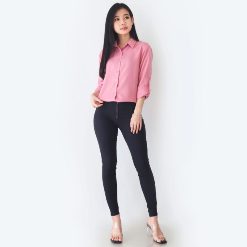 Aurel kemeja - kemeja wanita polos basic lengan panjang size M - XXL-Pink