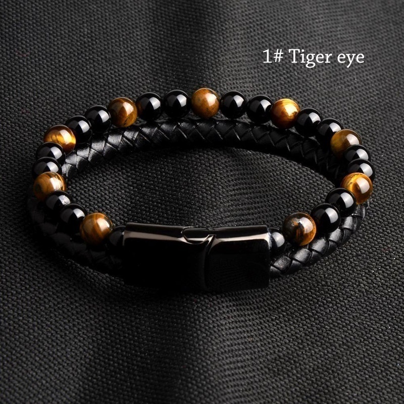 Gelang Tangan Kulit Hitam Aksen Manik-Manik Stainless Steel Untuk Pria