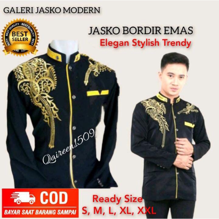 Baju Jasko Pria Dewasa Motif Bordir Kekinian Warna hitam lis kuning Lengan Panjang Terbaru 2024