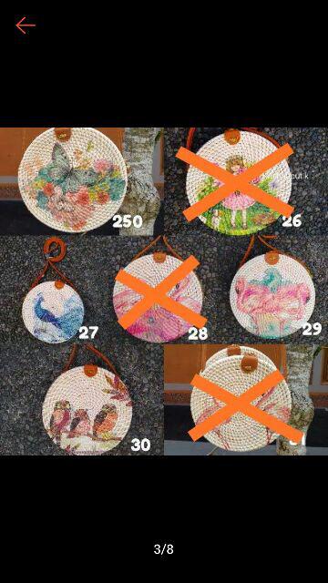 Tas Rotan Bulat Decoupage Diameter 20cm, 18cm, 15cm