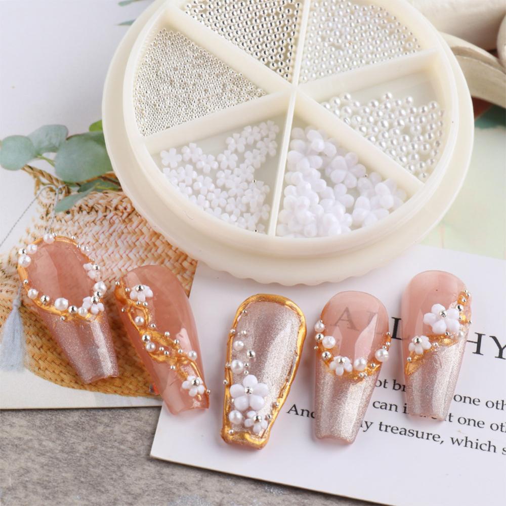 Timekey 6 Sekat / Kotak Bola Mutiara Putih Campur Untuk Dekorasi Nail Art DIY it A9K4