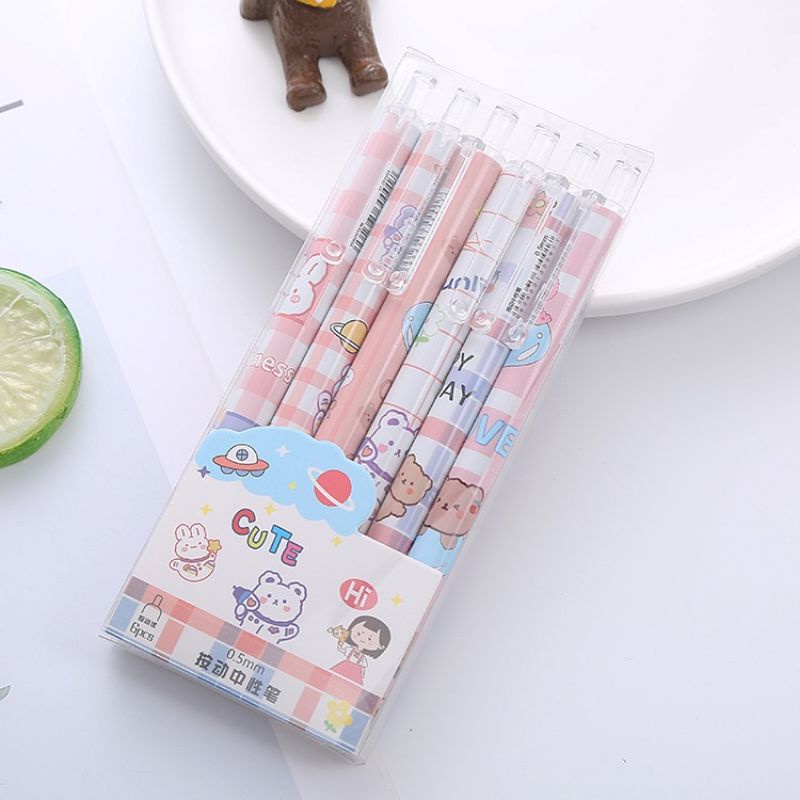 [COD] 6 pcs 1 set Pulpen Gel Mekanik Cute Gaya Korea Import Bulpoin Gel 0.5 mm Bulpen Pen