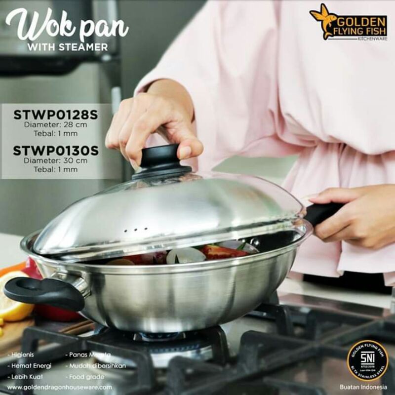 Golden Flying Fish - Stainless Steel Wok Pan with Steamer 28cm