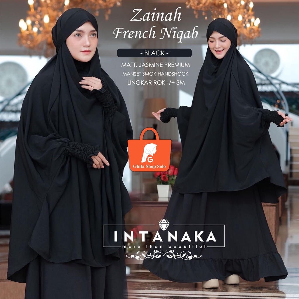 Setelan Dress Syar'i Turki Terbaru Fashion Muslim Zainah French Niqab by Intanaka / Niqob (Khimar + Rok) Turki Jasmine Premium Manset Smok Handshock Lingkar Rok 3M