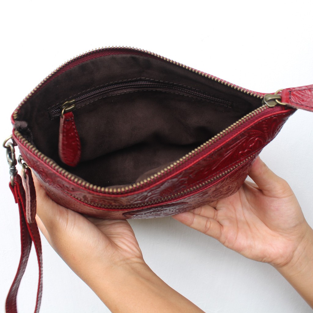 CLUTCH WANITA KULIT ASLI NEVARA MERAH MAROON / FREE GRAVIR NAMA DI CLUTCH