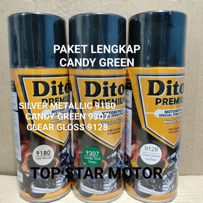 Pilok Paket Lengkap Cat Diton Premium Silver Metallic 9180 Candy Tone Green 9307 Clear Gloss 9128 400cc.. Pilok Paketan Candy Tone Green Cat Semprot Diton Premium 400cc