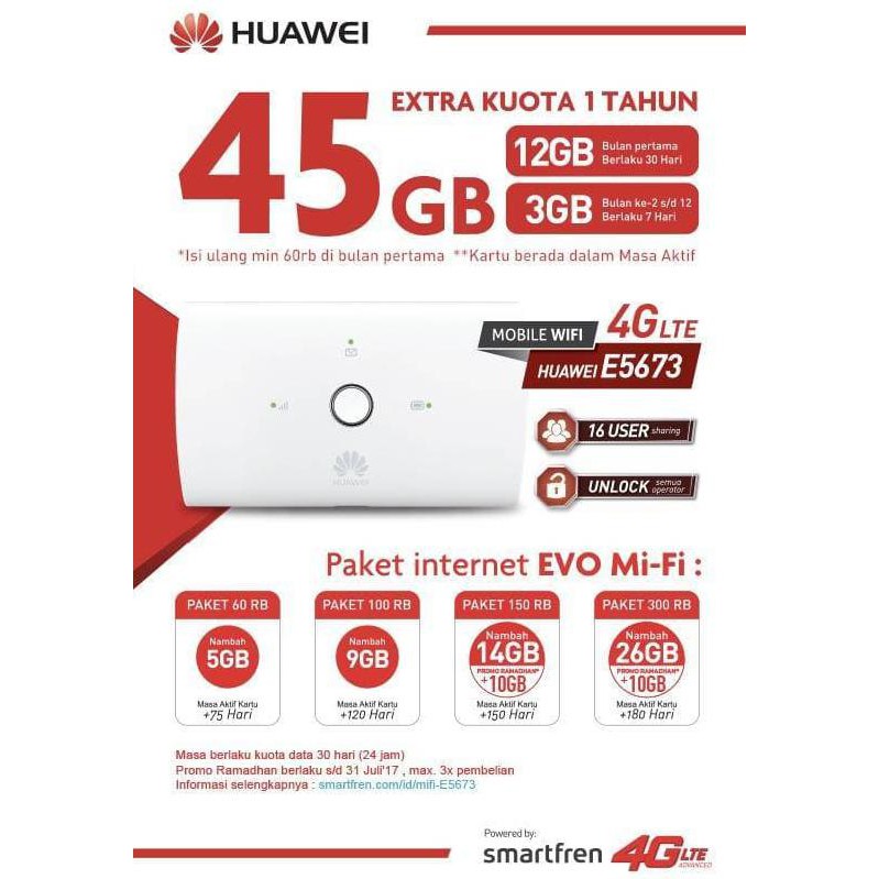 Mifi Modem Wifi Router 4G UNLOCK Huawei E5673 Free Smartfren 45Gb 1Thn