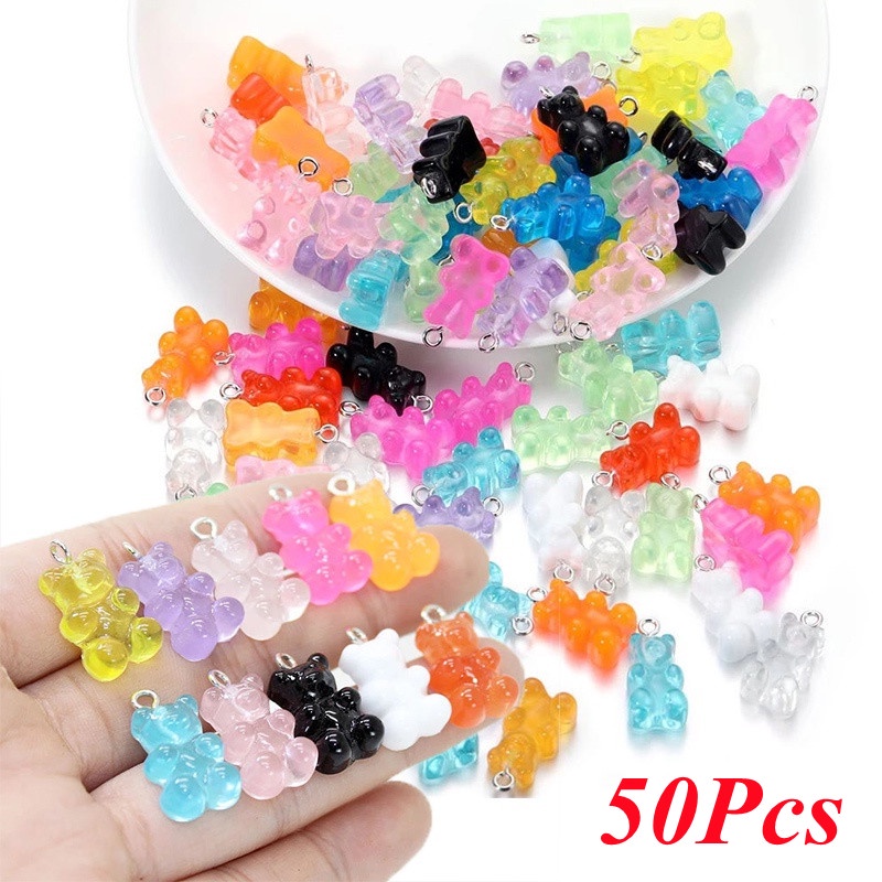 50 Pcs Liontin Kalung Anting Bentuk Kartun Hewan Beruang Mini Warna Permen Bahan Resin