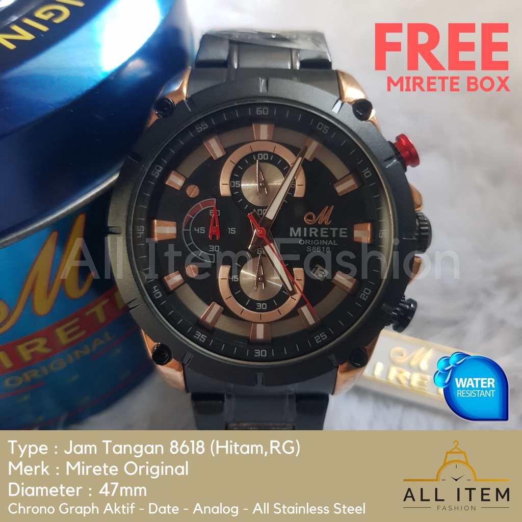 Jam Tangan Chrono Rantai MIRETE 8618 / Jam Tangan Pria Anti Air ORI / Arloji / Watches (FREE BOX)