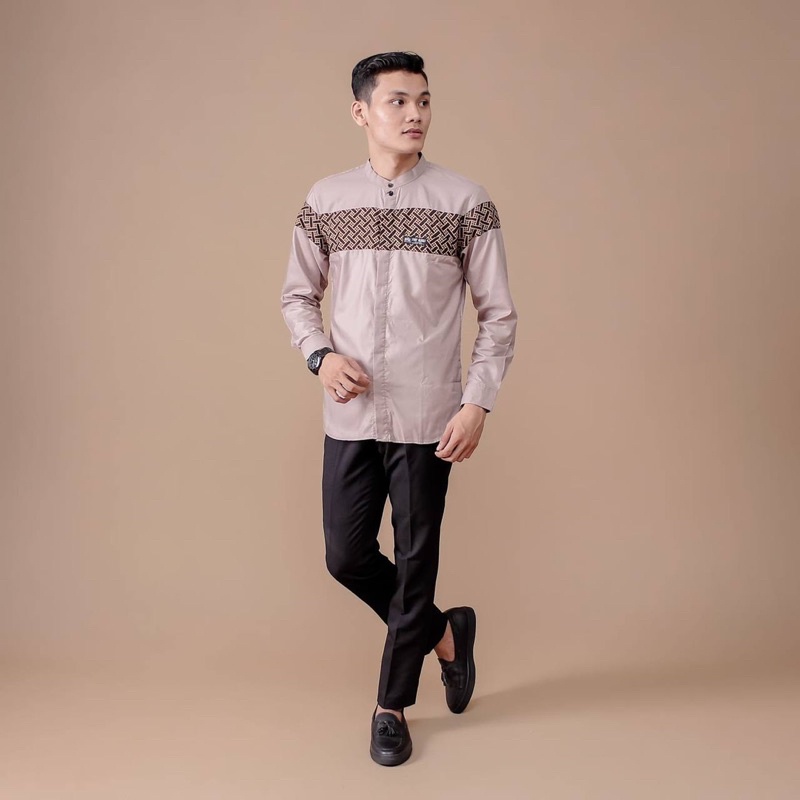 Baju Koko Pria Lengan Panjang Motif Kobata Kombinasi Batik Warna Coksu