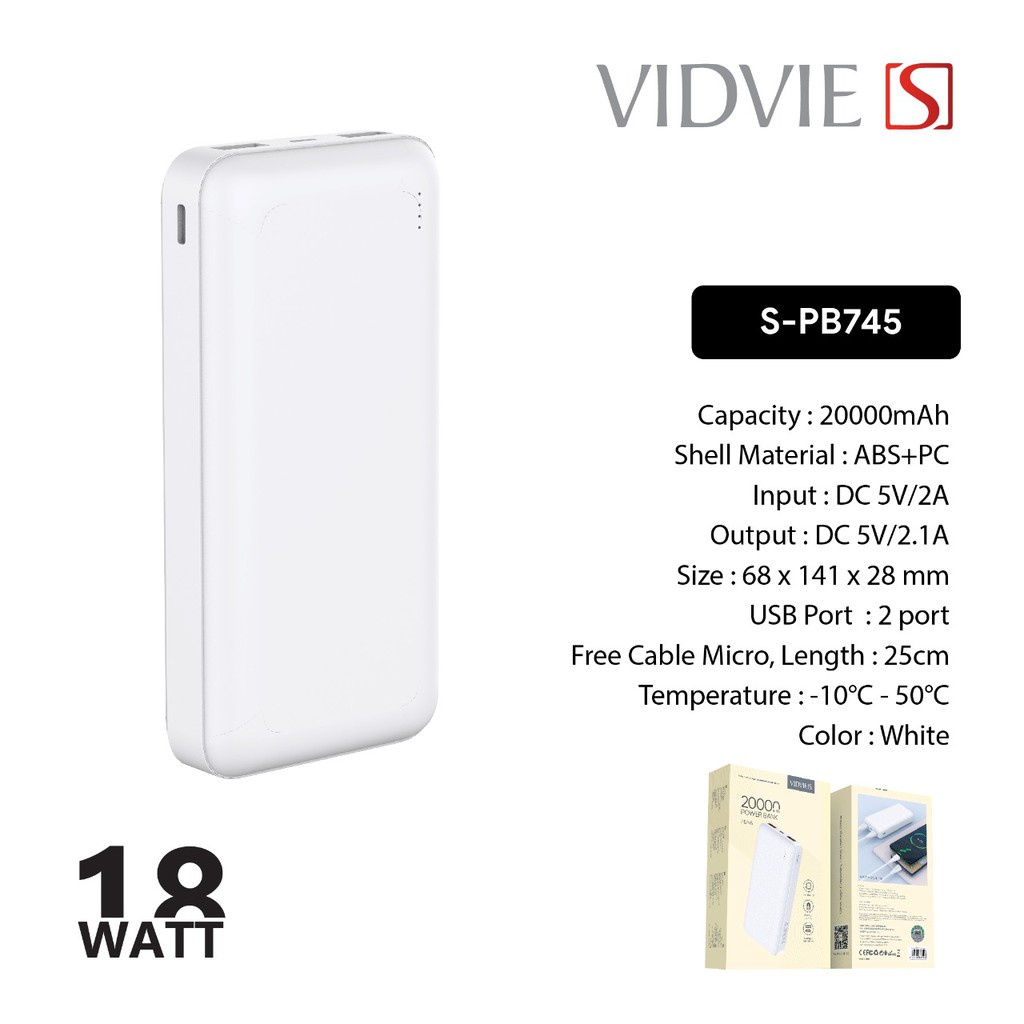 POWER BANK VIDVIE S-PB745 V8 WHITE