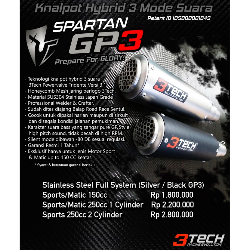 Tech24 Knalpot Hybrid 3Tech Spartan GP3 Stainless Full System 150cc