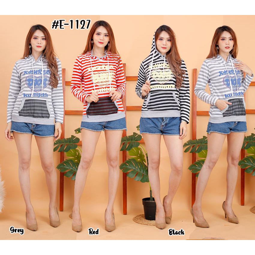 KC # E-1127, Atasan hoodie salur tangan panjang