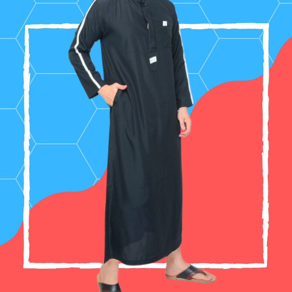 Jubah Gamis Baju Muslim Pria Cowok Dewasa Remaja Orang Tua Hitam List Putih Lengan Panjang Motif Lua