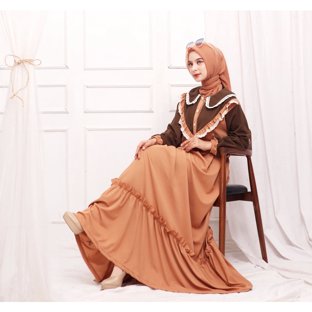 Gamis busui model kerah renda / rumbai renda rempel 2 susun (PB 140) lengan smoked bahan voxy premiu