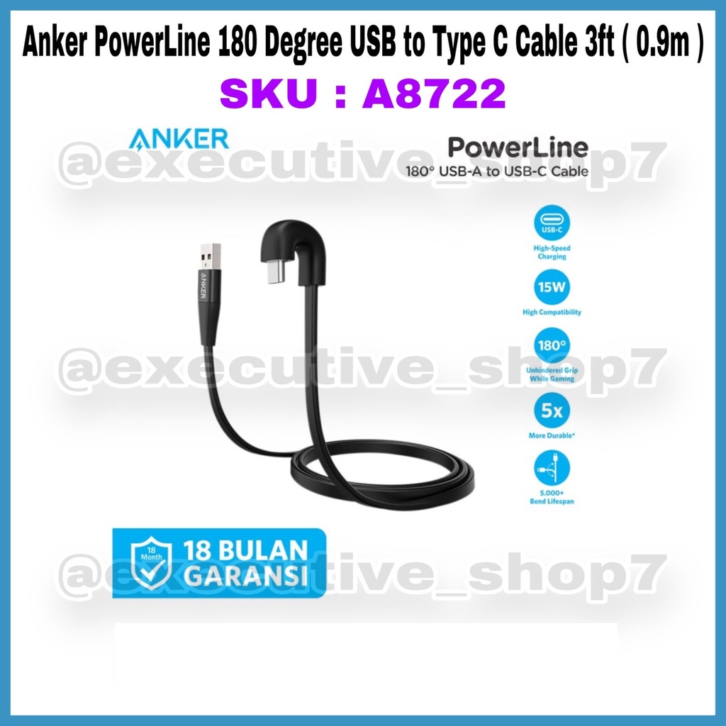 Anker PowerLine 180 Degree USB to Type C Cable 3ft (0.9m) - SKU - A8722