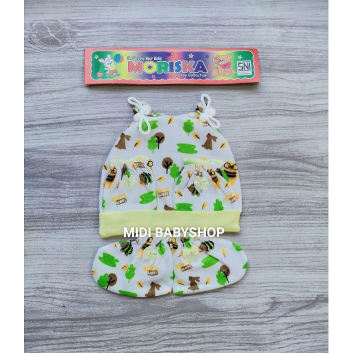 1 Set Topi dan Sarung Tangan Kaki Bayi Motif Lucu Moriska Baby SNI