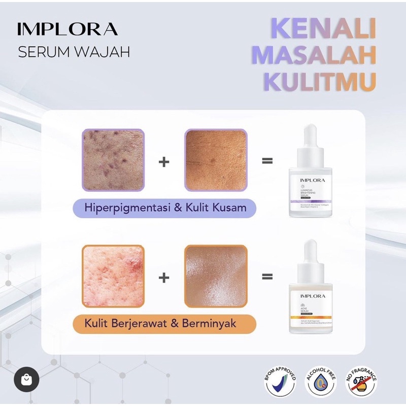 IMPLORA Serum Wajah 20ml BPOM - LUMINOUS BRIGHT| ACNE | PEELING | MIDNIGHT FACE SERUM IMPLORA