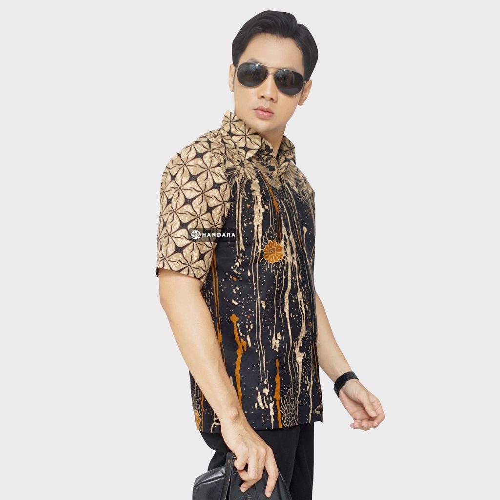 Baju Kemeja Batik Pria Lengan Pendek Slim Fit Premium Modern Full Furing Katun Halus Original Handara Motif Rilassati Abstrak Bawah HB-280